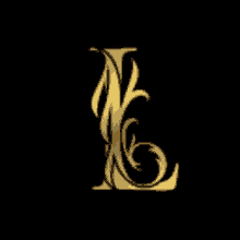 a gold letter l on a black background with a swirl design