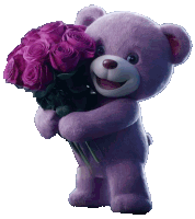 a purple teddy bear is holding a bouquet of pink roses