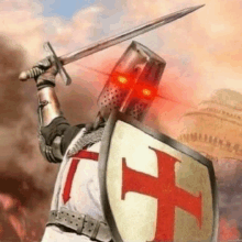 a knights templar is holding a sword and shield with red eyes .