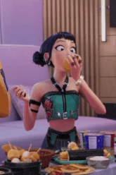 a cartoon girl drinking orange juice while sitting at a table with food