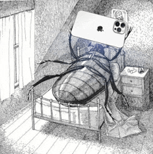 a drawing of a bug laying on a bed with an apple phone on top of it