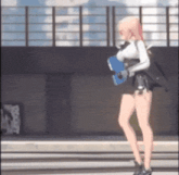 a girl with pink hair is holding a blue book and a microphone while dancing .