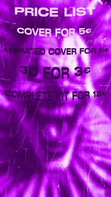 a purple background with the words price list cover for 5 animated cover for 5 complete kit for 12