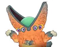 a cartoon drawing of an orange monster with purple eyes and a green head
