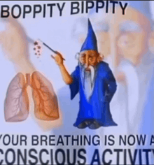 a wizard is holding a wand in front of a picture of lungs and the words boppity bippity