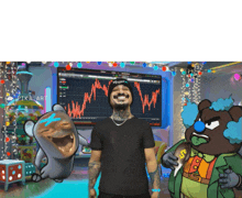 a man in a black shirt stands in front of a screen with a graph on it that says " hype "