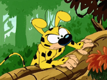 a cartoon character with a blue nose is climbing a tree branch