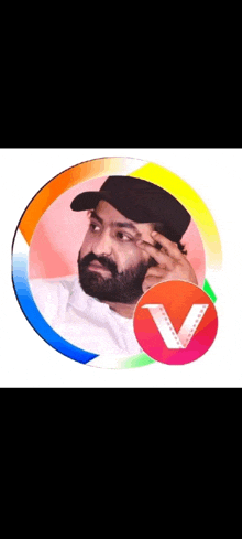 a man with a beard is in a circle with a letter v