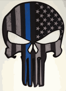 a punisher skull with a blue stripe in the middle