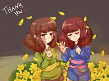 two girls are standing in a field of yellow flowers and the words thank you are written above them