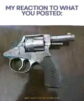 a revolver on a wooden table with the words " my reaction to what you posted " above it