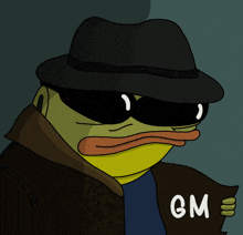 a cartoon frog wearing a hat and sunglasses has gm written on his sleeve