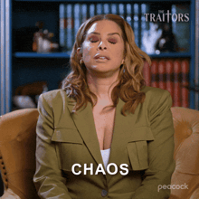 a woman is sitting in a chair with her eyes closed and the word chaos is visible