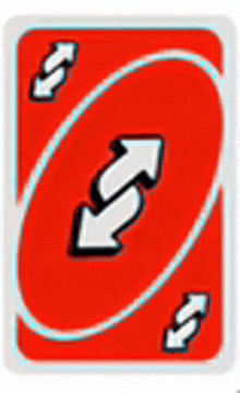 the back of a red uno card with two white arrows on it .