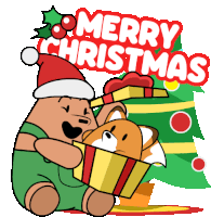 a merry christmas poster with a bear and a dog