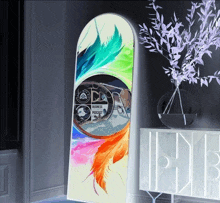 a mirror with a picture of feathers and a business podcast logo on it