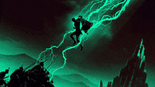 a man is being struck by lightning while standing on a cliff