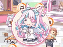 a girl with a heart in her eye and a bow on her head