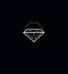 a white diamond on a black background with a sun shining through it .