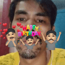 a man 's face is surrounded by cartoon characters and the words happy birthday