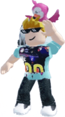 a roblox character is wearing sunglasses and holding a pink stuffed animal on his head .