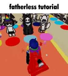 a person is playing a video game with a bunch of cartoon characters and the words `` fatherless tutorial '' .