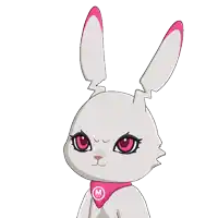a white rabbit with pink ears and a pink scarf with a m on it