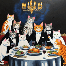 a group of cats are sitting around a table with plates of food