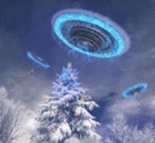 a christmas tree is in the middle of a snowy forest with a ufo flying in the sky above it .