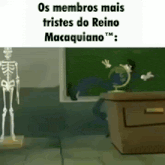 a skeleton is standing in front of a chalkboard in a classroom next to a desk .