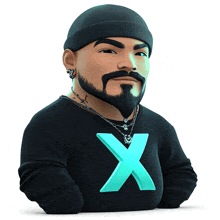 a man with a beard wears a black sweater with a blue x on it