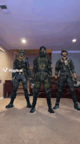 three men in military uniforms are standing in a living room with the name viggle.ai on the bottom right