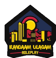 a logo for irandaam ulagam roleplay with a city skyline in the background