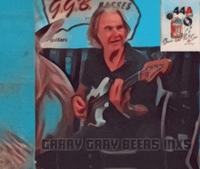 a painting of a man playing a guitar with the words garay gary beers mxs