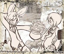 a drawing of a rabbit giving flowers to another rabbit with the words i love you on the bottom