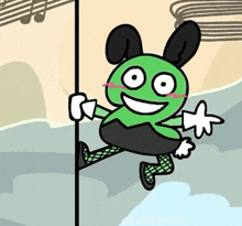 a green cartoon character with bunny ears and a black dress