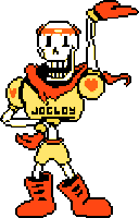 a pixel art drawing of papyrus wearing a shirt that says jogloy