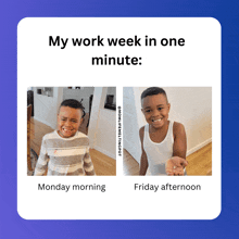 a picture of a child with the caption my work week in one minute