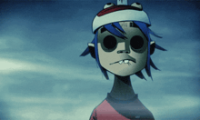 a cartoon character with blue hair and black eyes