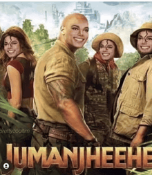 a poster for the movie jumanji shows a man with a bald head