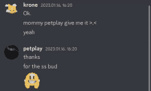 a screenshot of a discord conversation with krone and petplay