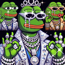 a cartoon of a green frog wearing a crown and lots of diamonds