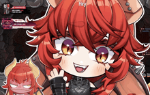 a cartoon of a girl with red hair and yellow eyes says hey