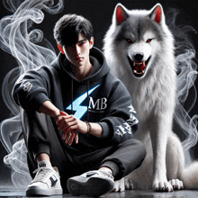 a man wearing a mb hoodie sits next to a white wolf