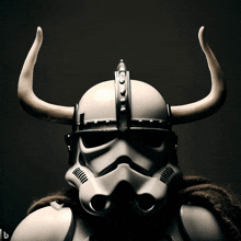 a storm trooper wearing a helmet with horns on it