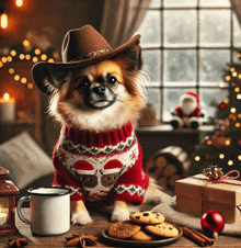 a small dog wearing a santa hat and sweater