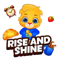 a cartoon bear holding a croissant and a cup of coffee with the words rise and shine written below him