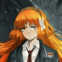 a drawing of a girl with long orange hair wearing a suit and tie