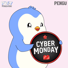 a penguin holding a cyber monday sign in its paws