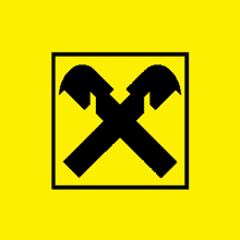 a black cross with two hammers in a yellow square